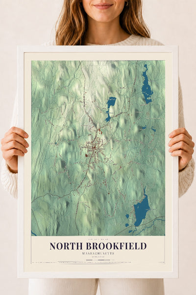 North Brookfield, Massachusetts map print - 18 x 24 white Ayous wood frame
