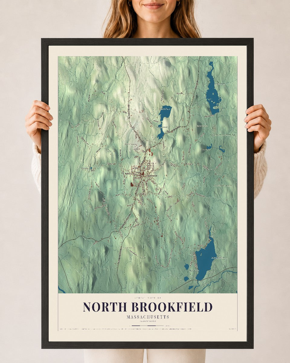 North Brookfield, Massachusetts map print - 24 x 36 black Ayous wood frame