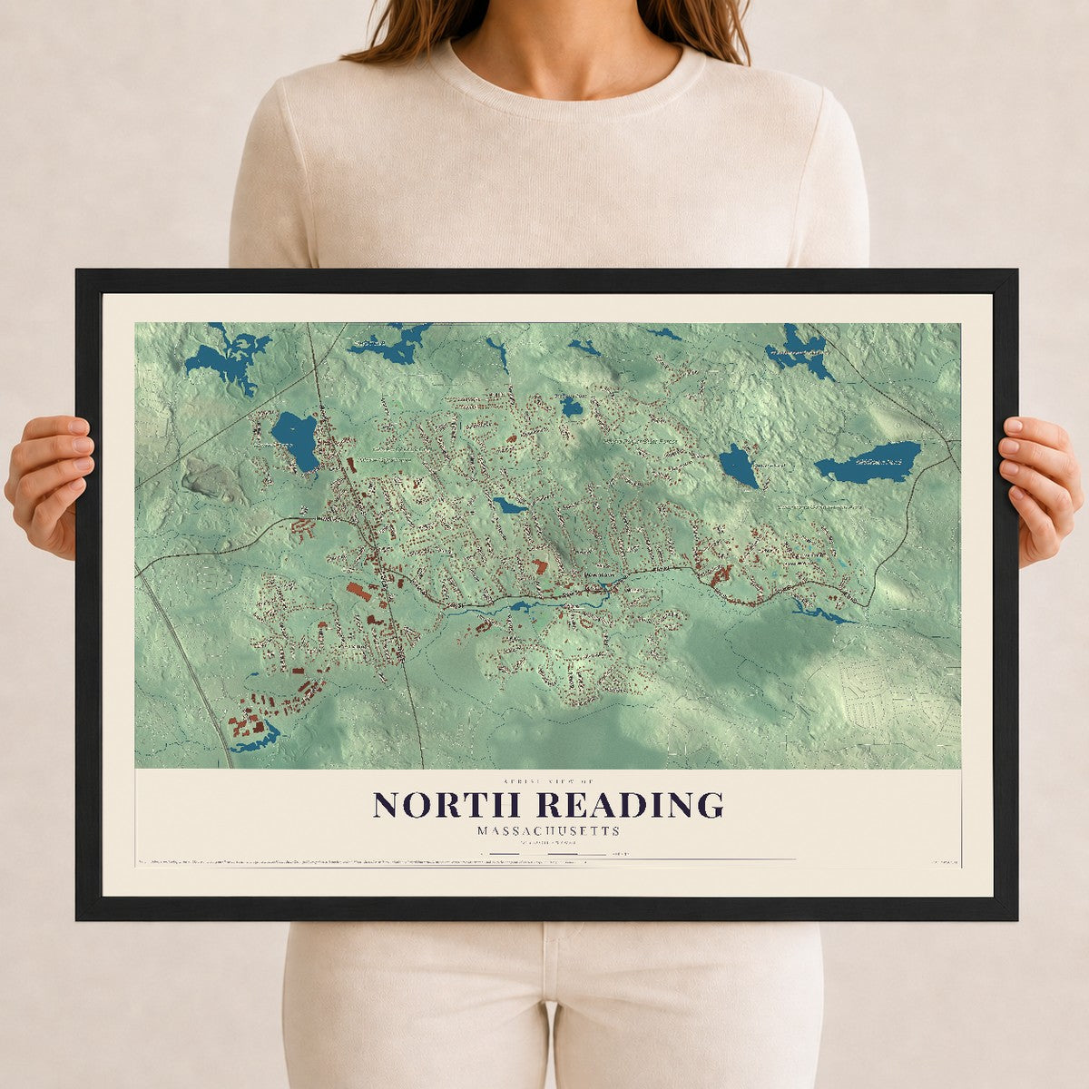 North Reading, Massachusetts map print - 12 x 18 black Ayous wood frame