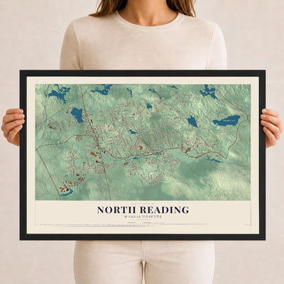 North Reading, Massachusetts map print - 12 x 18 black Ayous wood frame