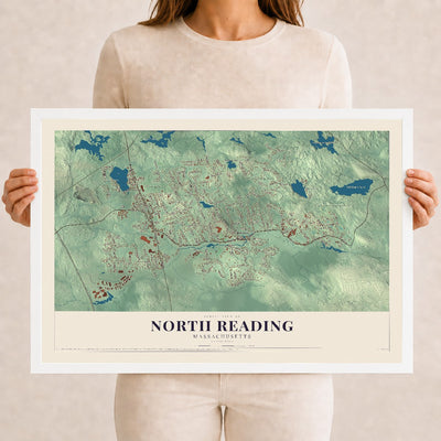 North Reading, Massachusetts map print - 12 x 18 white Ayous wood frame