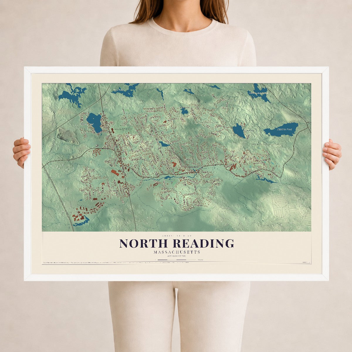 North Reading, Massachusetts map print - 24 x 36 white Ayous wood frame