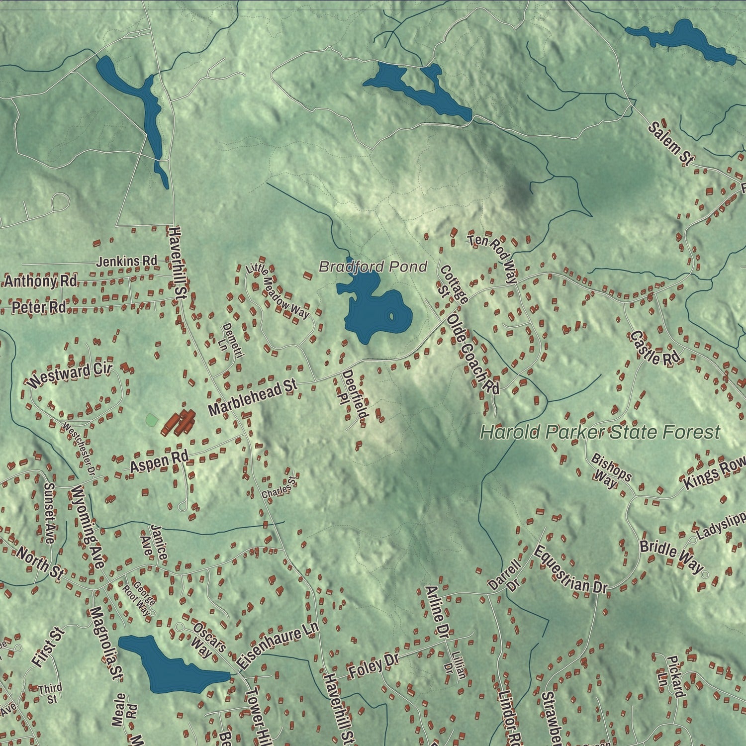 Terrain and local geography detail from the North Reading, Massachusetts map