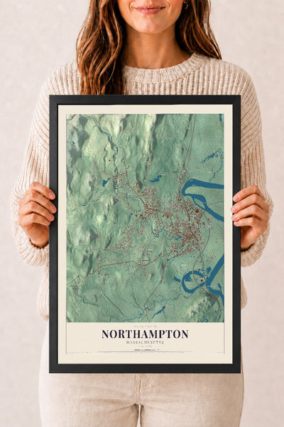 Northampton, Massachusetts map print - 12 x 18 black Ayous wood frame