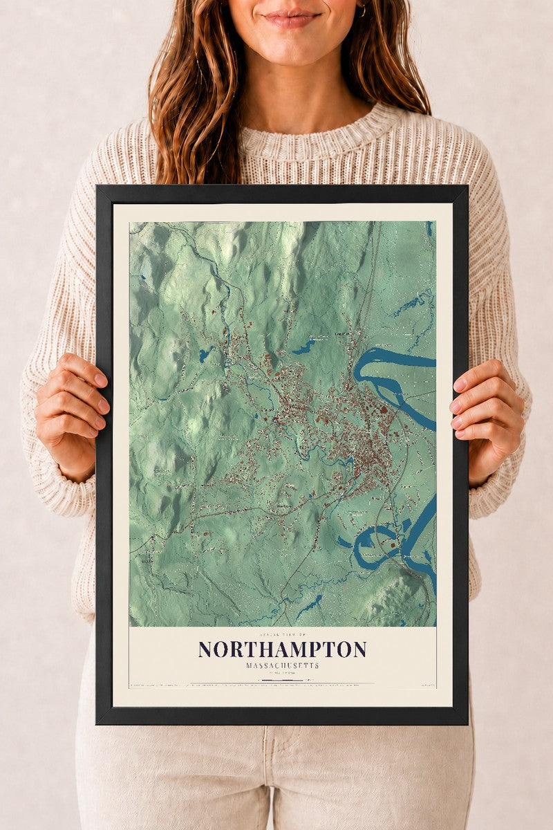 Northampton, Massachusetts map print - 12 x 18 black Ayous wood frame