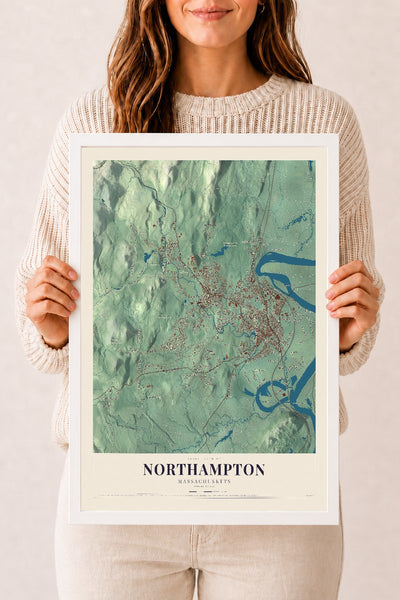 Northampton, Massachusetts map print - 12 x 18 white Ayous wood frame