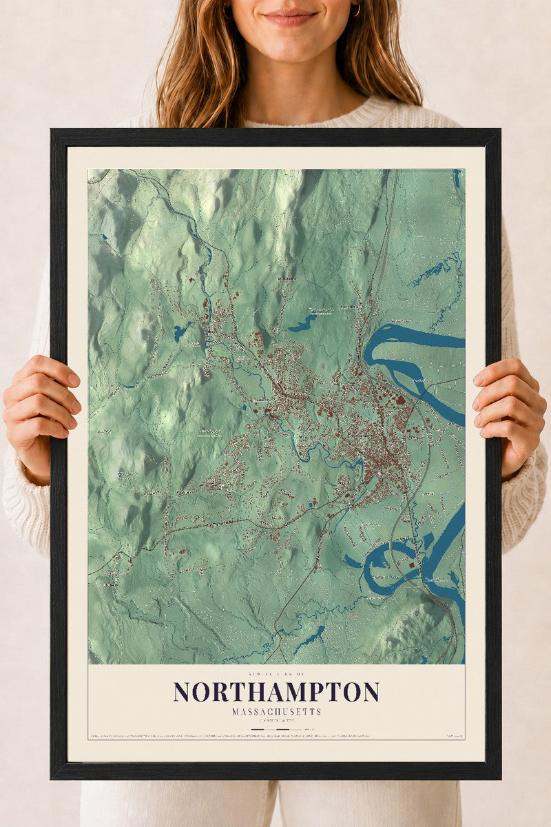 Northampton, Massachusetts map print - 18 x 24 black Ayous wood frame
