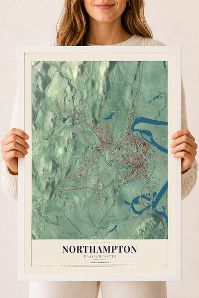 Northampton, Massachusetts map print - 18 x 24 white Ayous wood frame