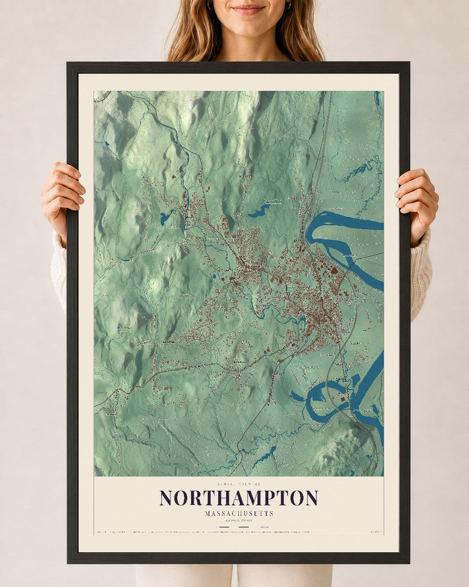 Northampton, Massachusetts map print - 24 x 36 black Ayous wood frame