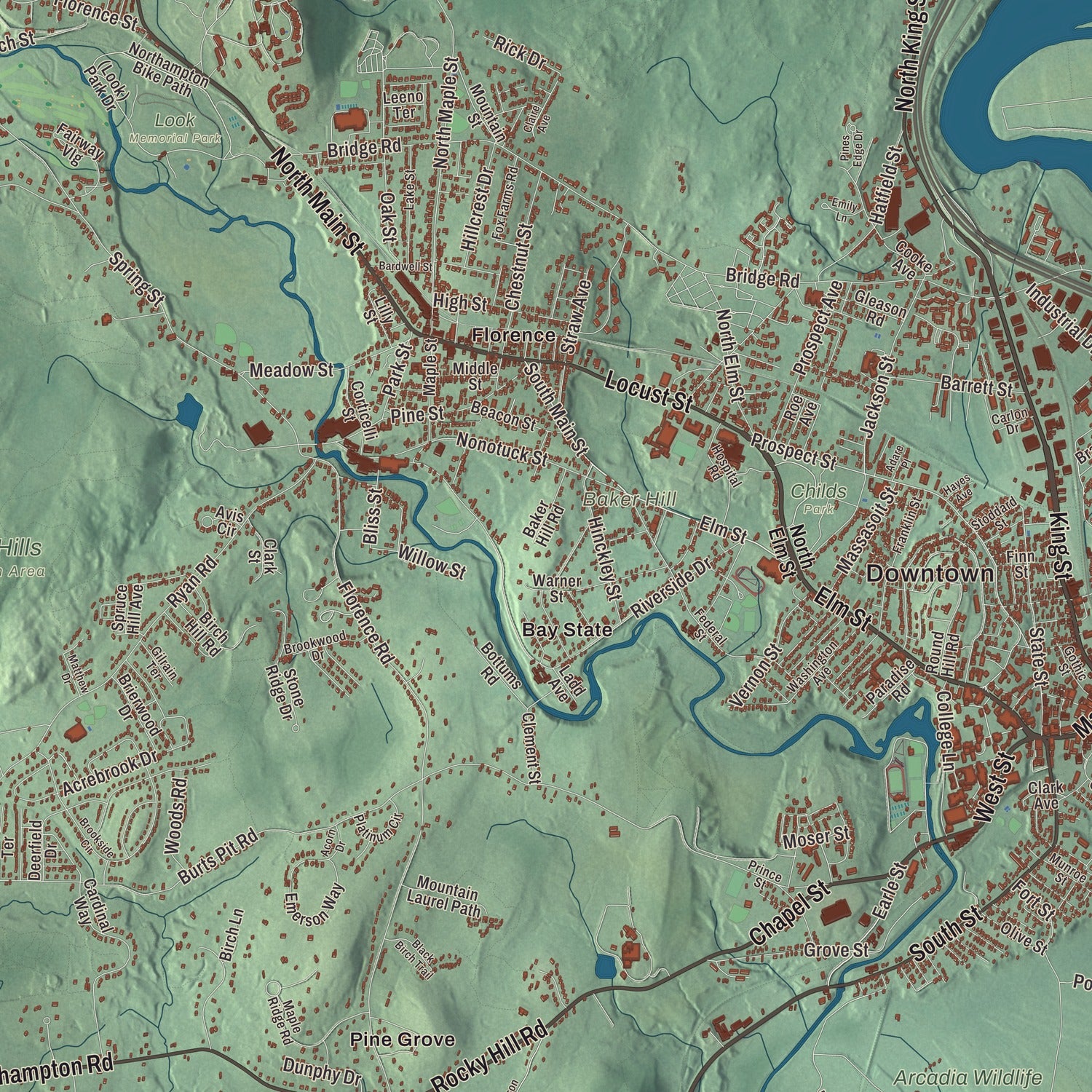 Terrain and local geography detail from the Northampton, Massachusetts map