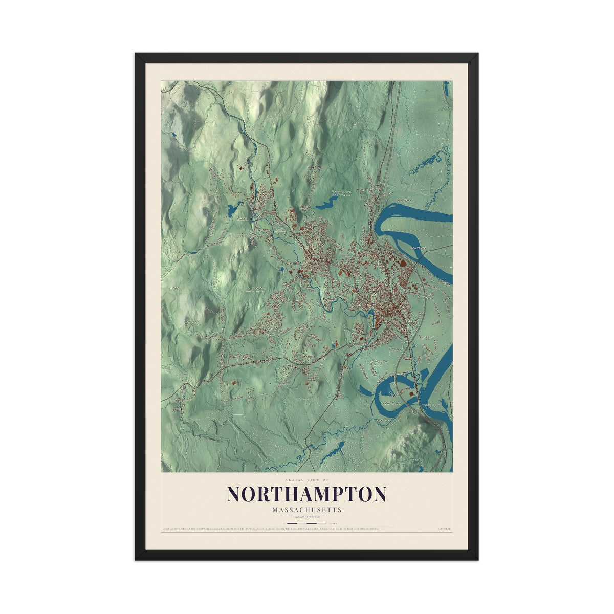 Map of Northampton, Massachusetts, 12 x 18 inch print in a black wood frame