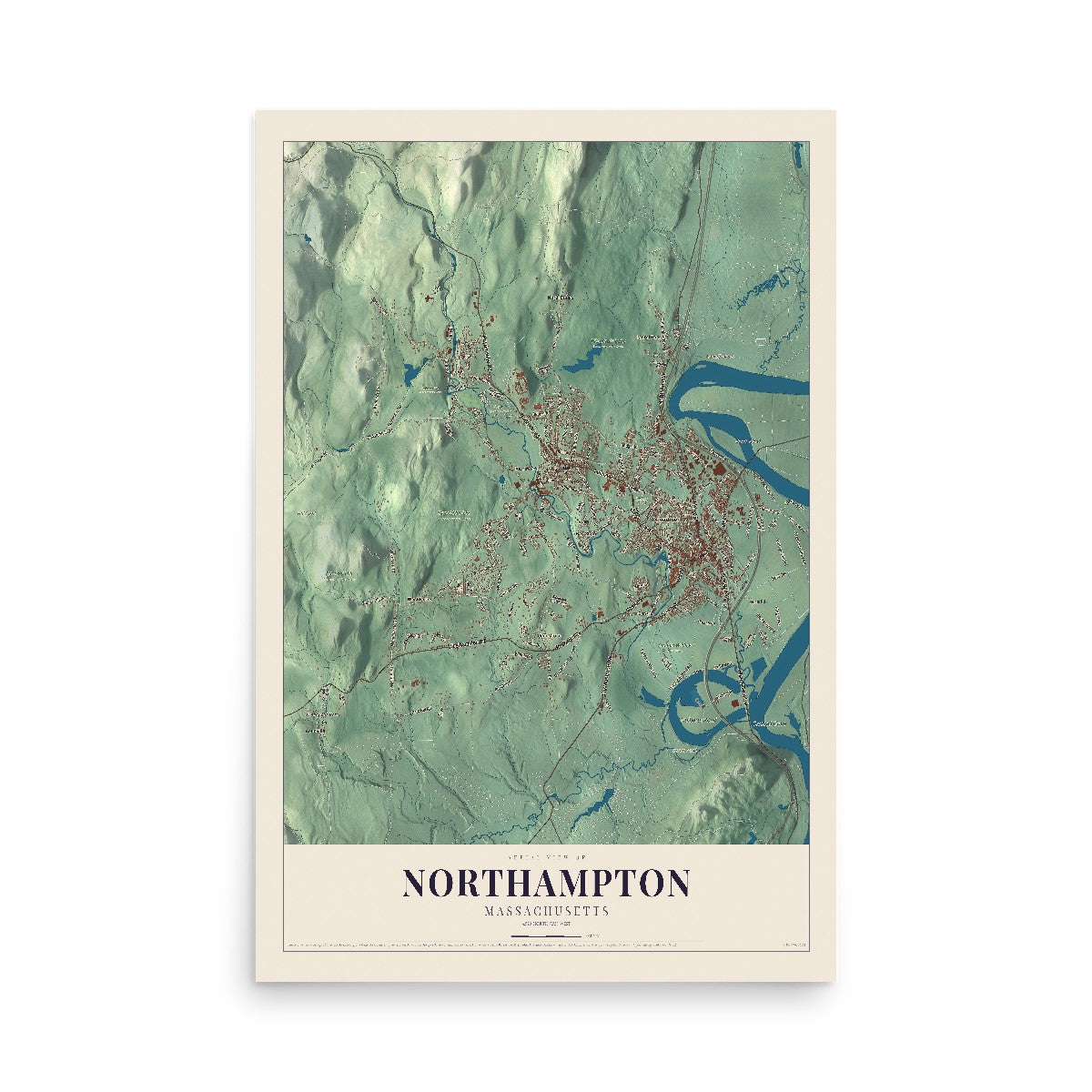 Map of Northampton, Massachusetts, 12 x 18 inch unframed archival matte print
