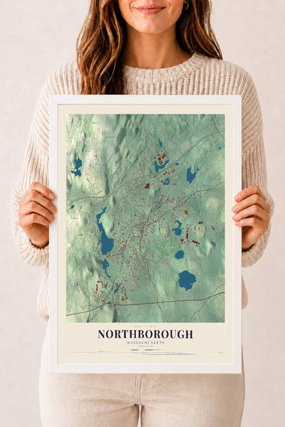 Northborough, Massachusetts map print - 12 x 18 white Ayous wood frame