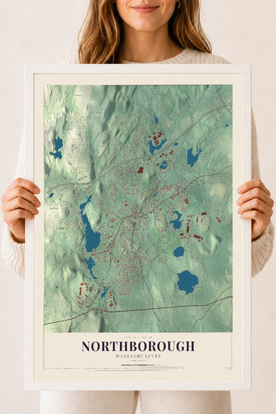 Northborough, Massachusetts map print - 18 x 24 white Ayous wood frame