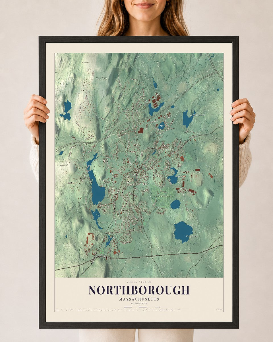 Northborough, Massachusetts map print - 24 x 36 black Ayous wood frame