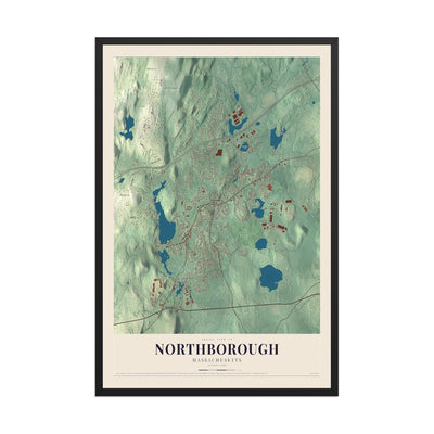 Map of Northborough, Massachusetts, 12 x 18 inch print in a black wood frame