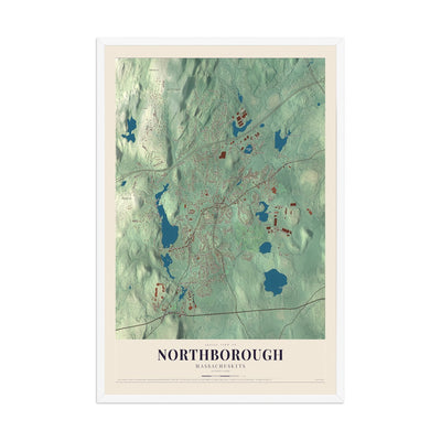 Map of Northborough, Massachusetts, 12 x 18 inch print in a white wood frame