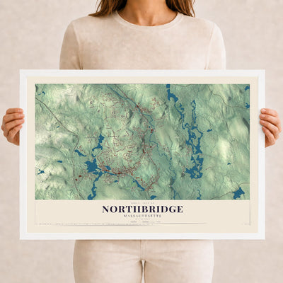 Northbridge, Massachusetts map print - 12 x 18 white Ayous wood frame