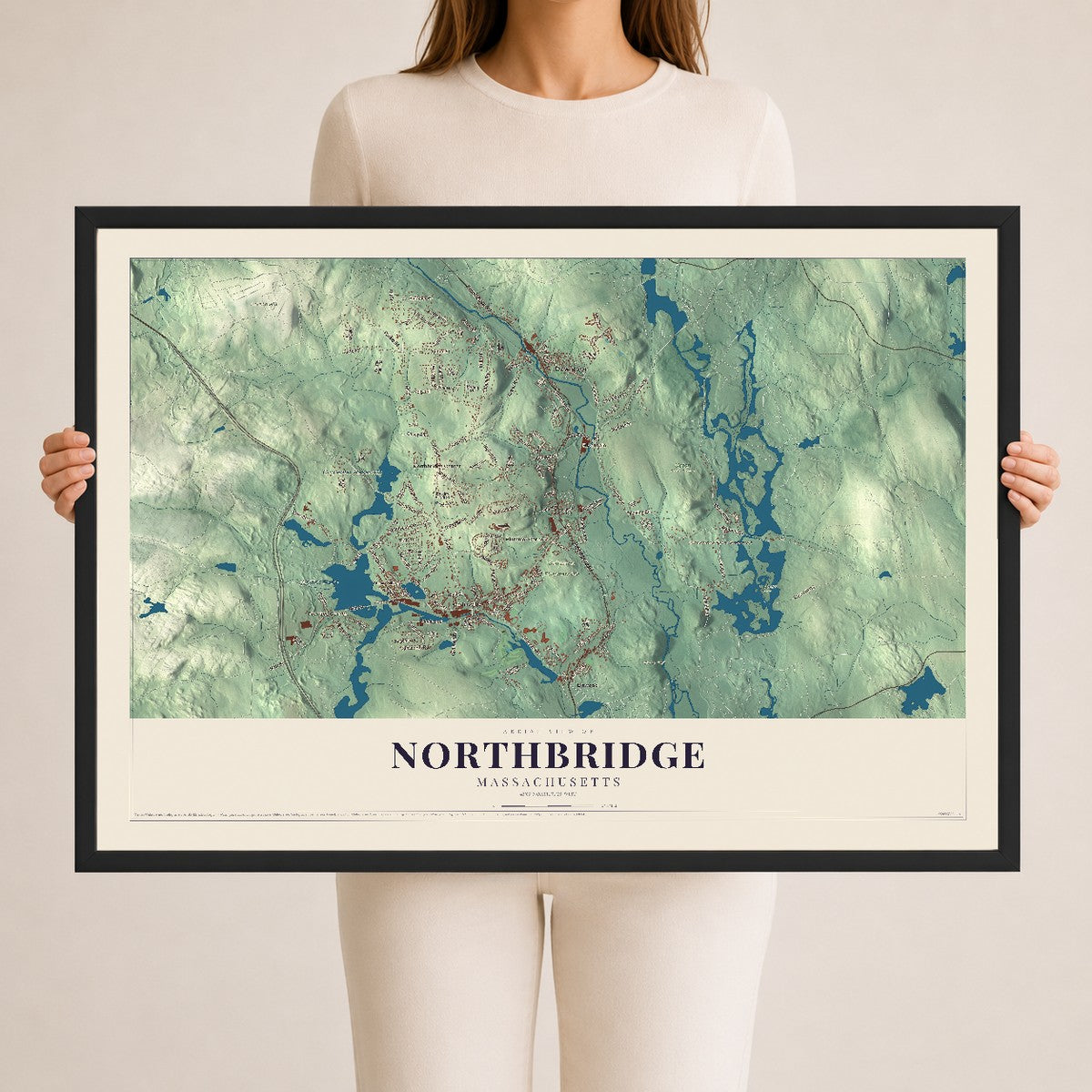 Northbridge, Massachusetts map print - 24 x 36 black Ayous wood frame