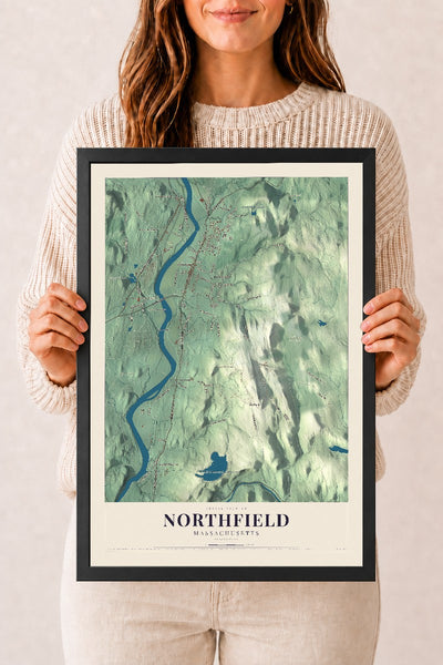 Northfield, Massachusetts map print - 12 x 18 black Ayous wood frame