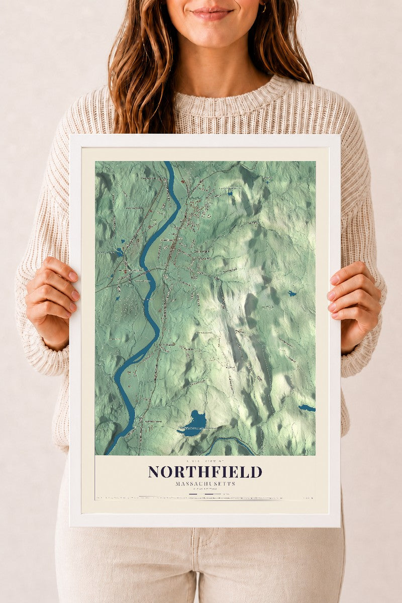 Northfield, Massachusetts map print - 12 x 18 white Ayous wood frame