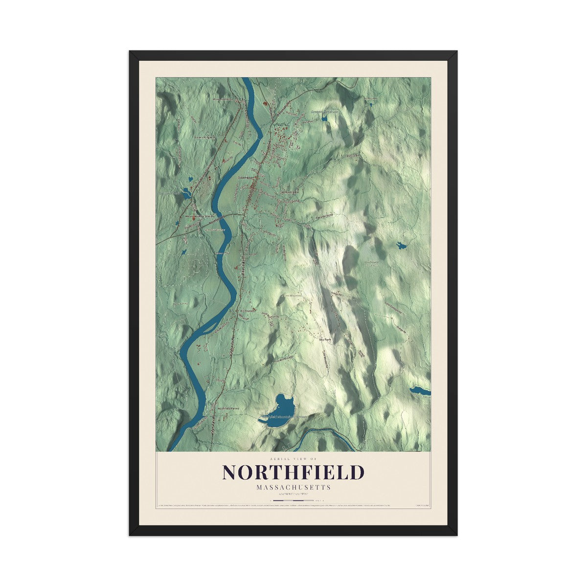 Map of Northfield, Massachusetts, 12 x 18 inch print in a black wood frame