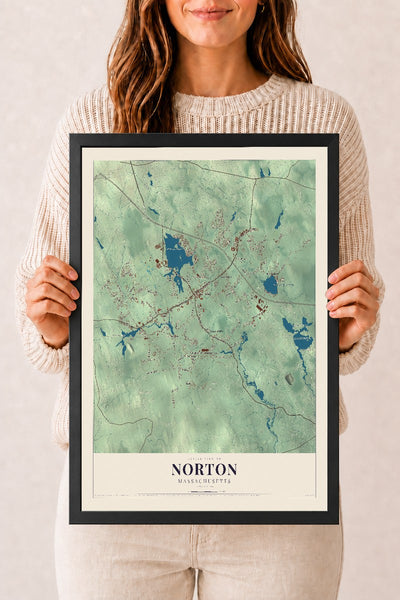 Norton, Massachusetts map print - 12 x 18 black Ayous wood frame