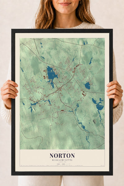 Norton, Massachusetts map print - 18 x 24 black Ayous wood frame
