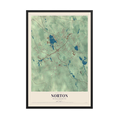 Map of Norton, Massachusetts, 12 x 18 inch print in a black wood frame