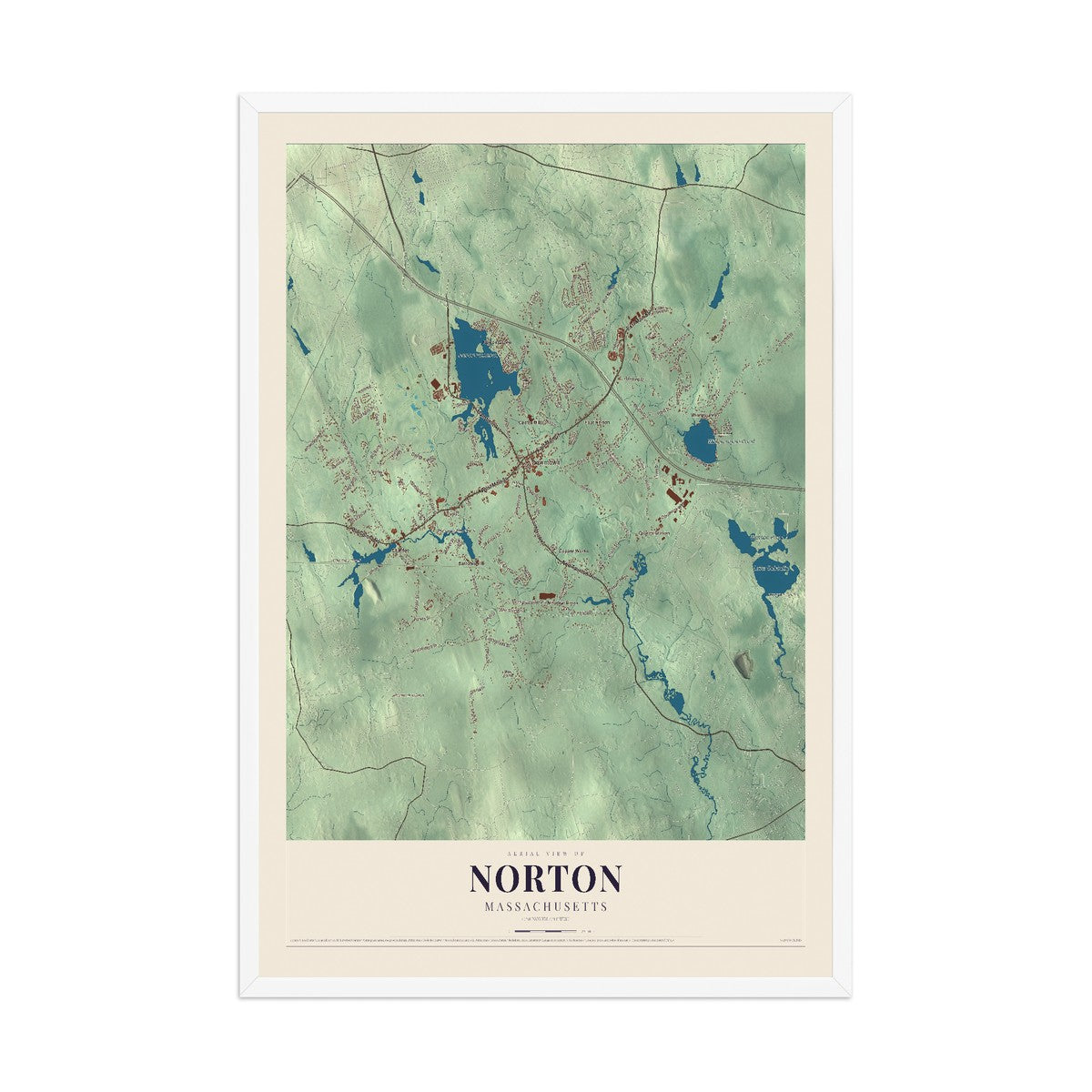 Map of Norton, Massachusetts, 12 x 18 inch print in a white wood frame