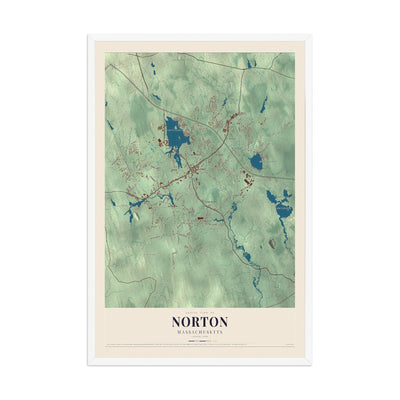 Map of Norton, Massachusetts, 12 x 18 inch print in a white wood frame