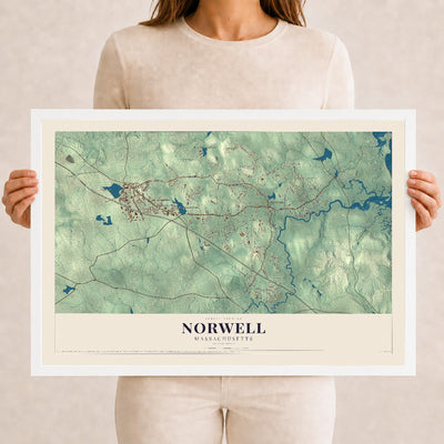 Norwell, Massachusetts map print - 12 x 18 white Ayous wood frame