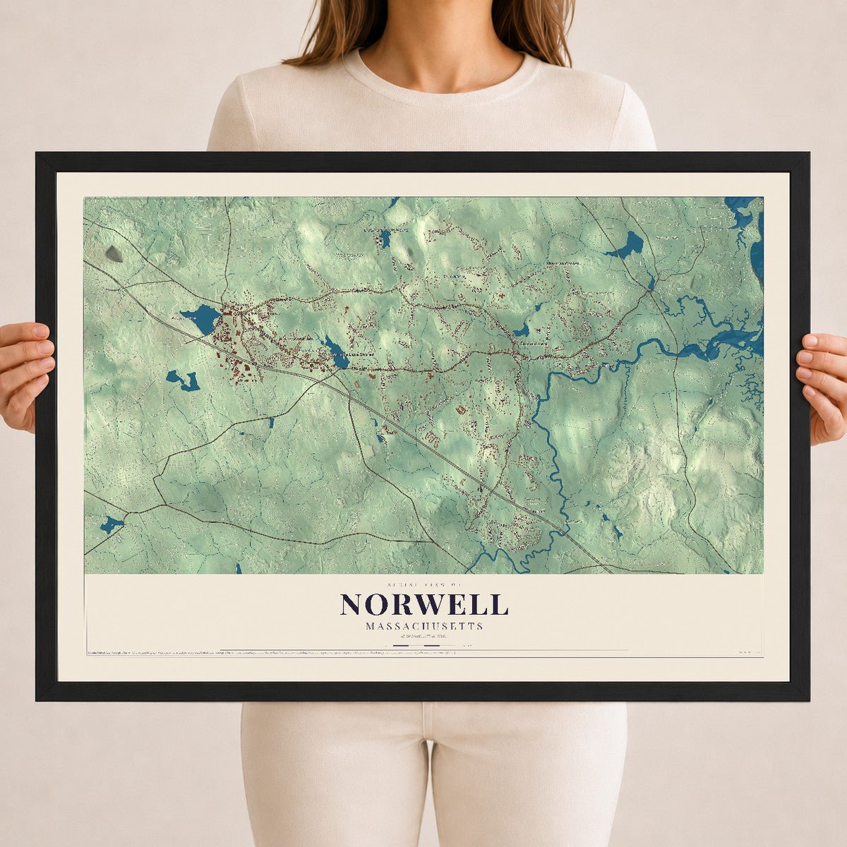 Norwell, Massachusetts map print - 18 x 24 black Ayous wood frame
