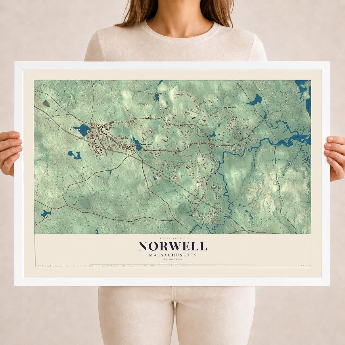 Norwell, Massachusetts map print - 18 x 24 white Ayous wood frame
