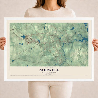 Norwell, Massachusetts map print - 18 x 24 white Ayous wood frame