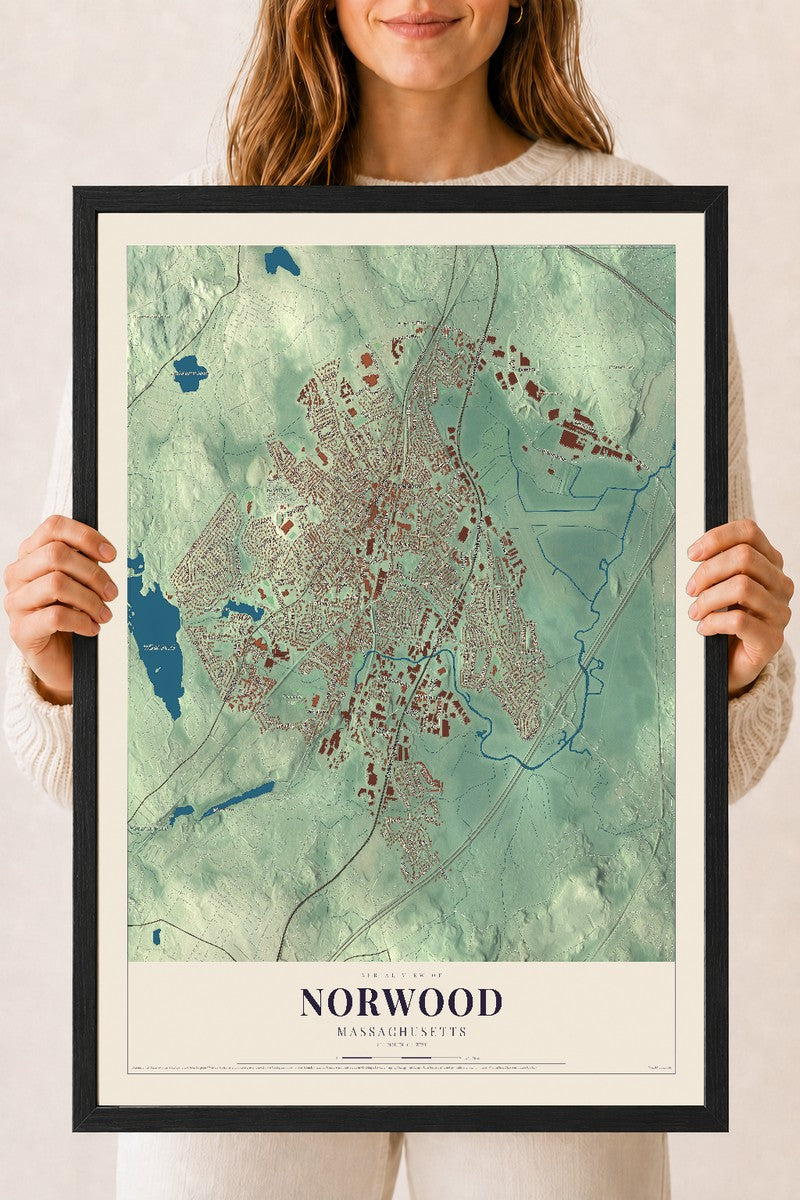 Norwood, Massachusetts map print - 18 x 24 black Ayous wood frame
