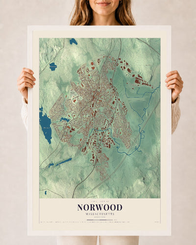 Norwood, Massachusetts map print - 24 x 36 white Ayous wood frame