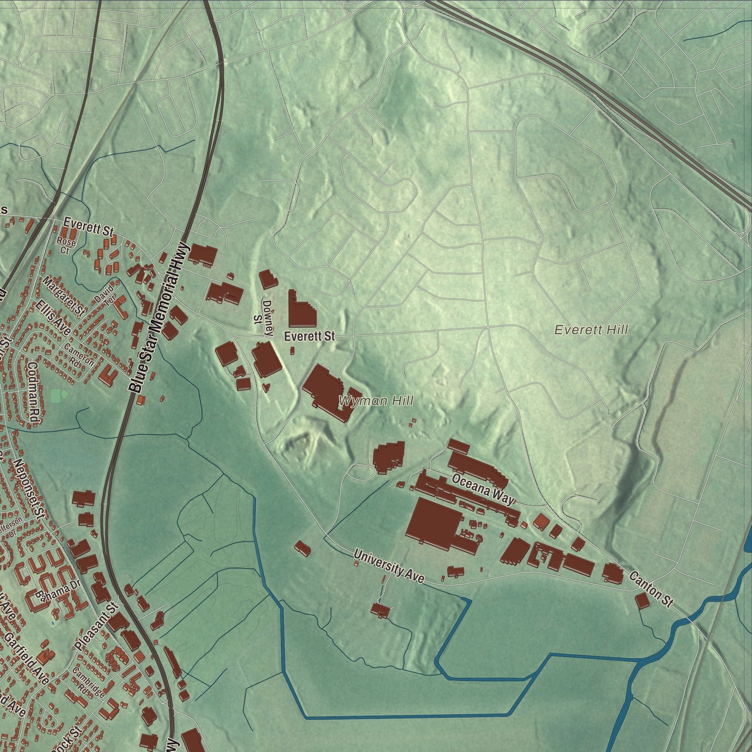 Terrain and local geography detail from the Norwood, Massachusetts map