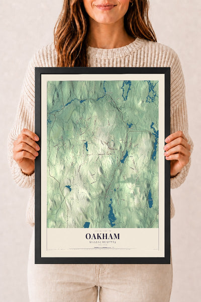 Oakham, Massachusetts map print - 12 x 18 black Ayous wood frame
