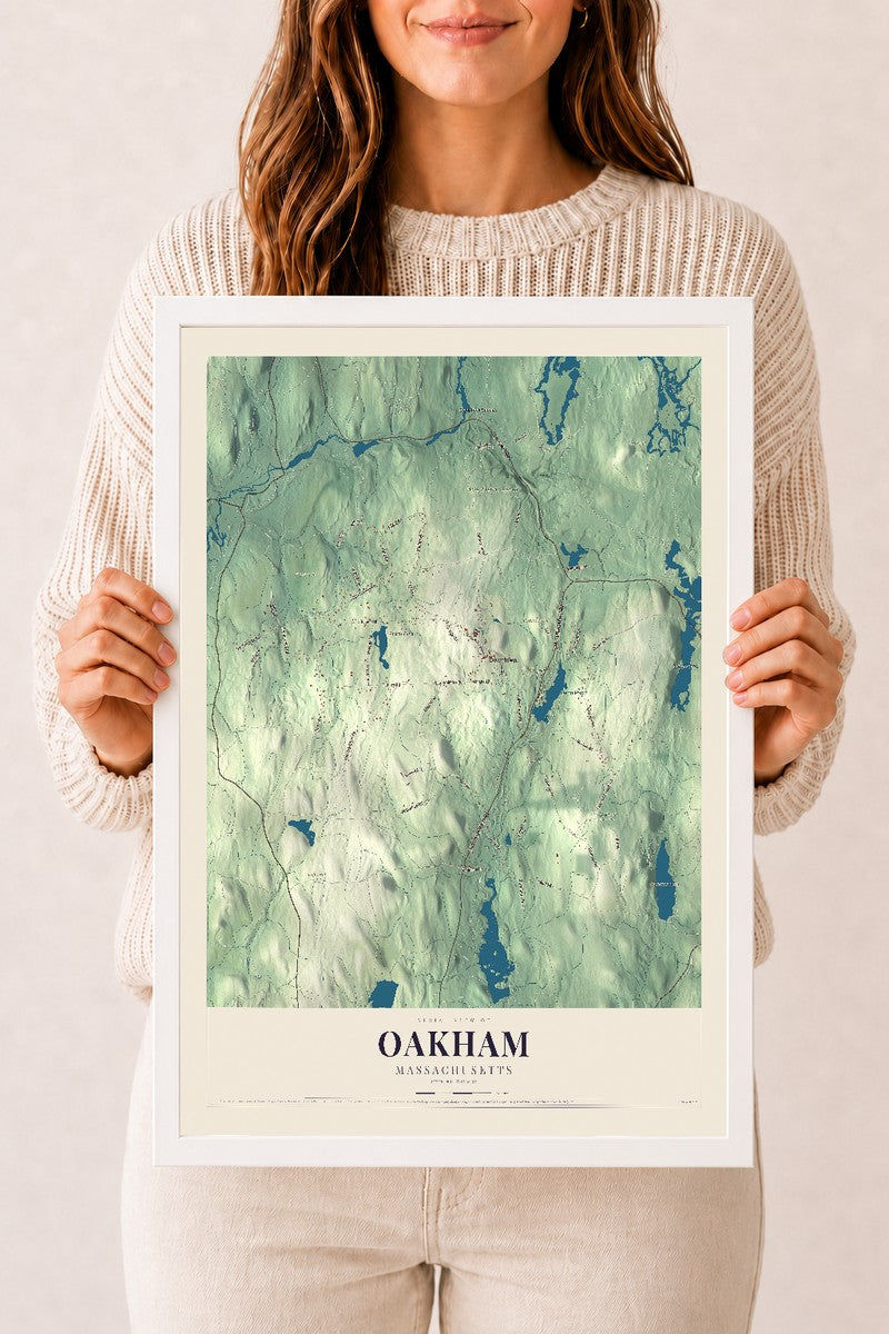Oakham, Massachusetts map print - 12 x 18 white Ayous wood frame