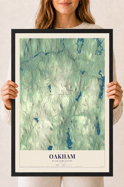 Oakham, Massachusetts map print - 18 x 24 black Ayous wood frame
