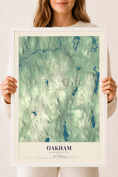 Oakham, Massachusetts map print - 18 x 24 white Ayous wood frame