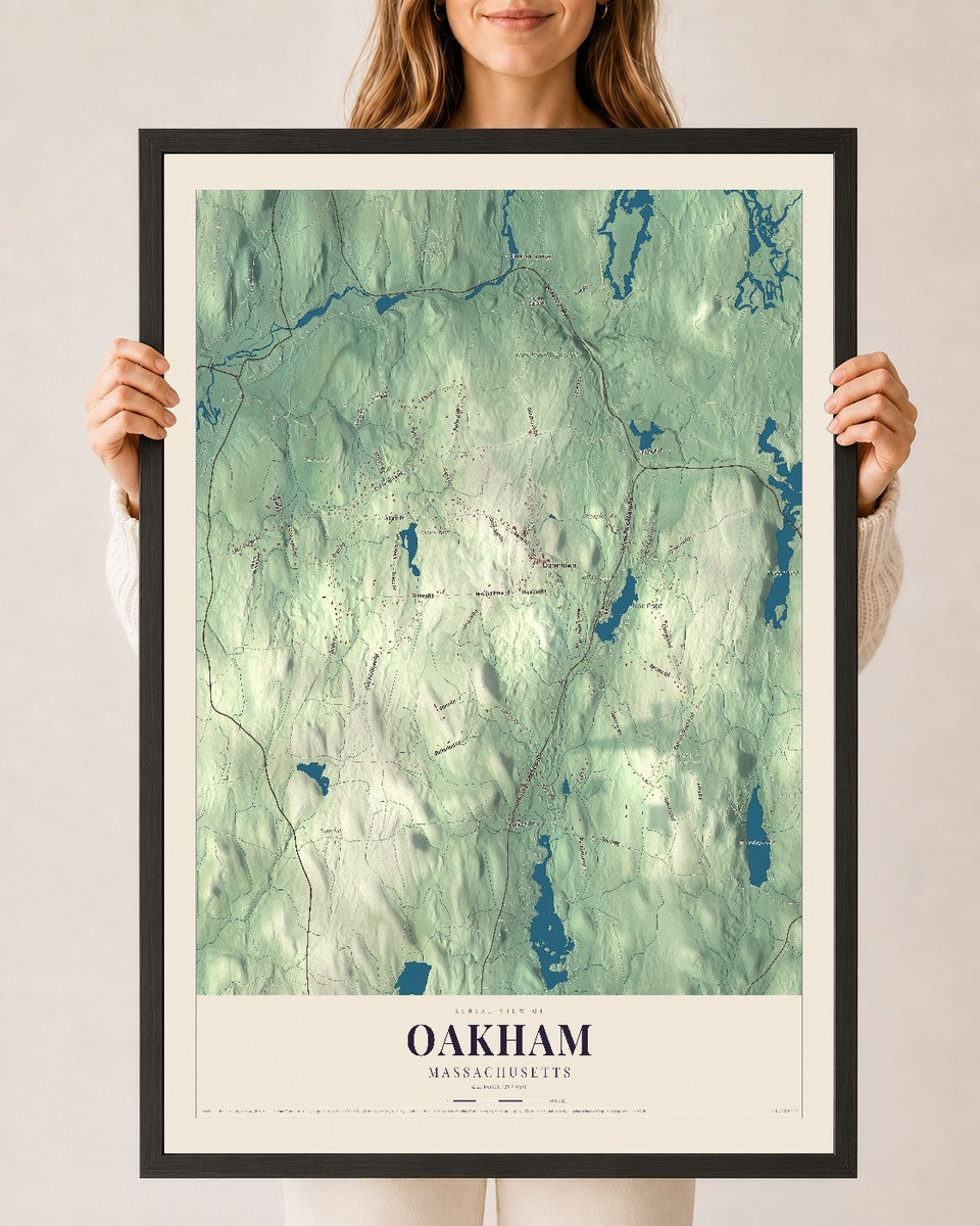 Oakham, Massachusetts map print - 24 x 36 black Ayous wood frame