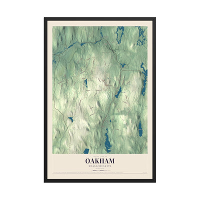 Map of Oakham, Massachusetts, 12 x 18 inch print in a black wood frame