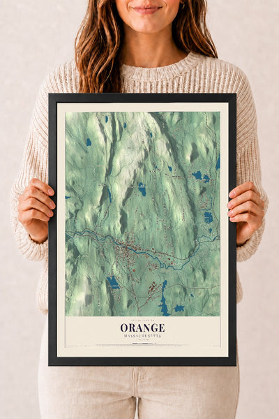 Orange, Massachusetts map print - 12 x 18 black Ayous wood frame