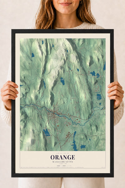 Orange, Massachusetts map print - 18 x 24 black Ayous wood frame