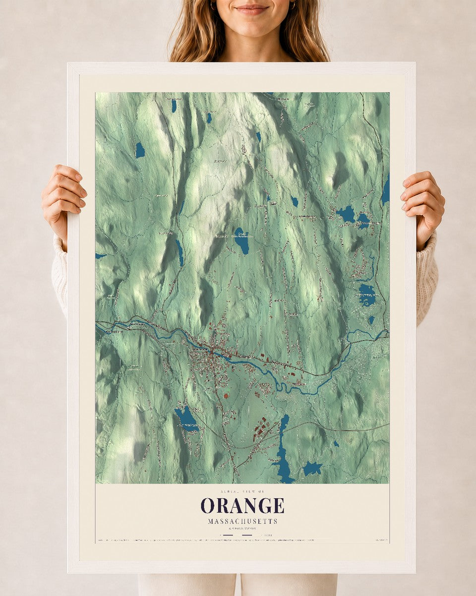 Orange, Massachusetts map print - 24 x 36 white Ayous wood frame