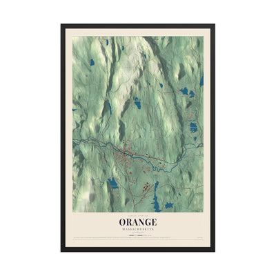Map of Orange, Massachusetts, 12 x 18 inch print in a black wood frame