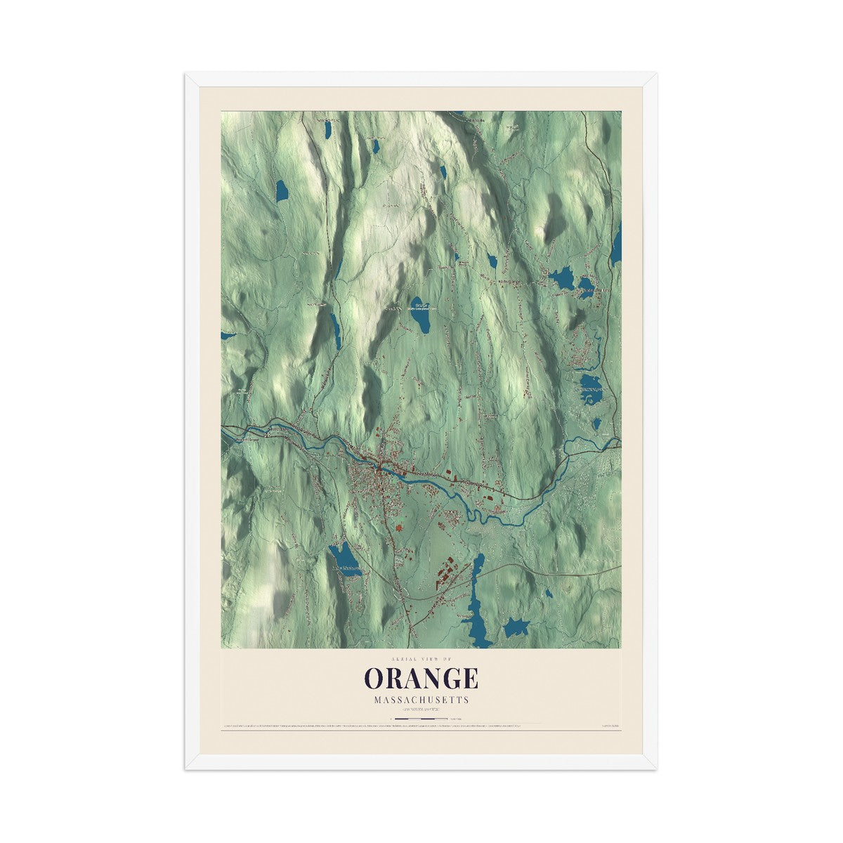 Map of Orange, Massachusetts, 12 x 18 inch print in a white wood frame
