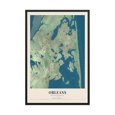 Map of Orleans, Massachusetts, 12 x 18 inch print in a black wood frame